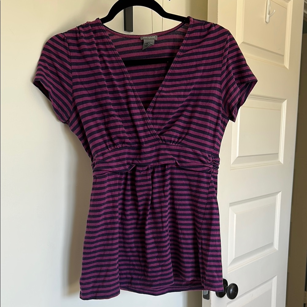 Ann Taylor Purple and Black Fitted Wrap Blouse